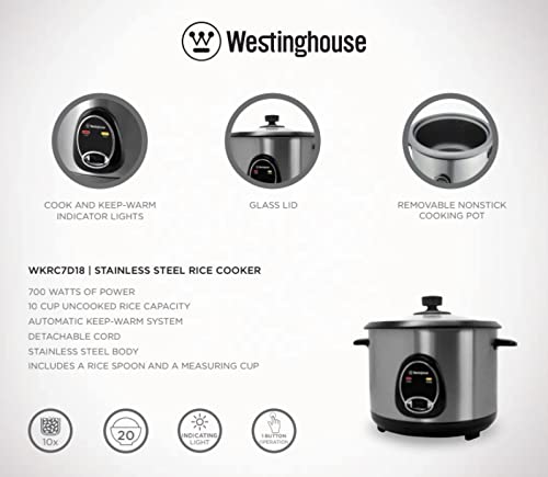 Westinghouse 220 Volt Rice Cooker 10 Cup, Non Stick Cooking Pot, Measuring Cup, Keep Warm Function-Stainless Steel-700W (NOT FOR USE IN USA)