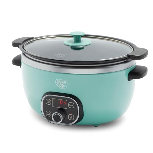 GreenLife 6QT Slow Cooker, Non-Toxic PFAS-Free Ceramic Nonstick Removable Interior Bowl, Programmable, Keep Warm, Stovetop & Oven Safe, Dishwasher Safe Parts, Timer, Glass Lid, Turquoise