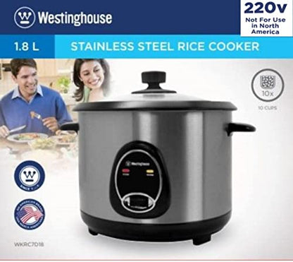 Westinghouse 220 Volt Rice Cooker 10 Cup, Non Stick Cooking Pot, Measuring Cup, Keep Warm Function-Stainless Steel-700W (NOT FOR USE IN USA)