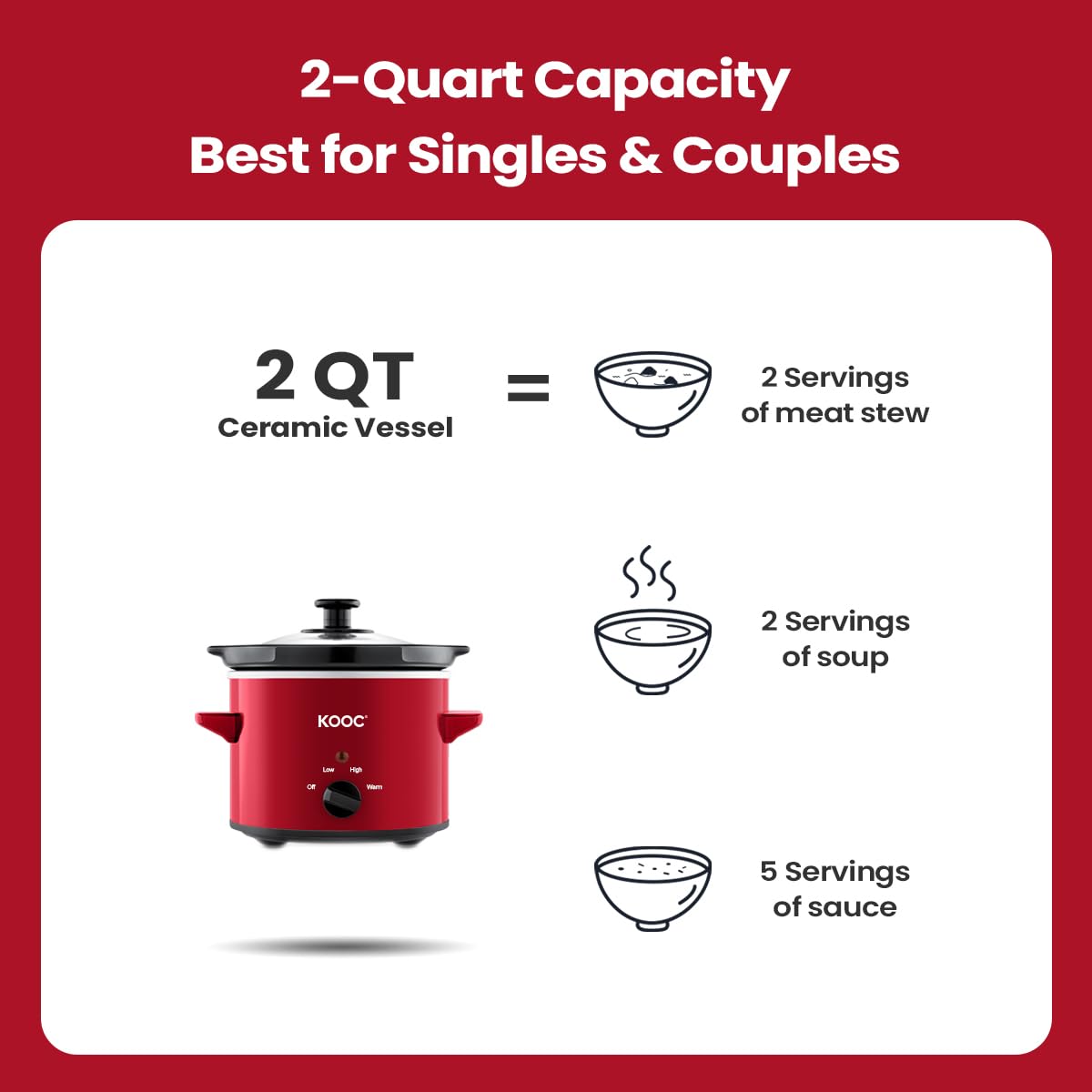 KOOC Small Slow Cooker, 2 Quart, Free Liners Included for Easy Clean-up, Upgraded Ceramic Pot, Adjustable Temp, Nutrient Loss Reduction, Stainless Steel, Red, Round