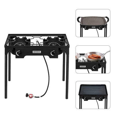 Bonnlo 2 Burner Outdoor Portable Propane Stove Gas Cooker, Heavy Duty Iron Cast Patio Burner with Detachable Stand Legs for Camp Cooking (2-Burner 150,000-BTU)