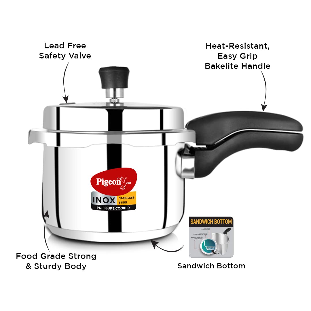 Pigeon Pressure Cooker - 3 Quart - Inox Stainless Steel Outer Lid Induction Base - Cook delicious food in less time: soups, rice, legumes, and more - 3 Liter