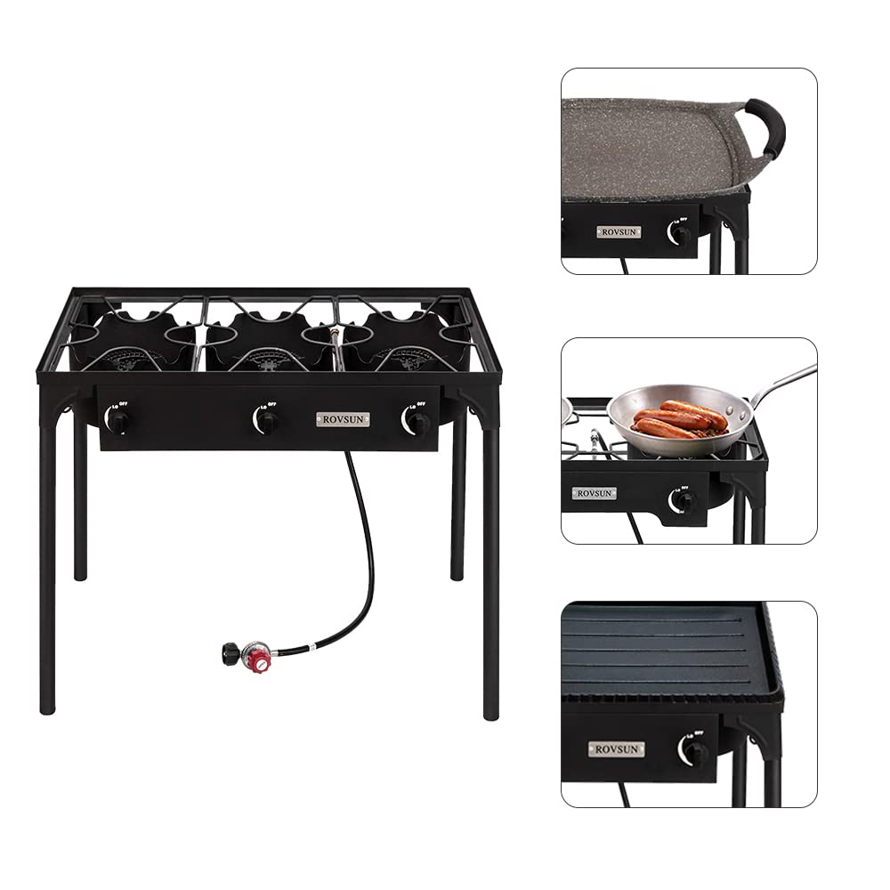 Bonnlo 3 Burner Outdoor Portable Propane Stove Gas Cooker, Heavy Duty Iron Cast Patio Burner with Detachable Stand Legs for Camp Cooking (3-Burner 225,000-BTU)