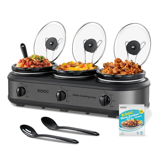 KOOC Triple Slow Cooker Buffet Server and Food Warmer 3x1.5 Quart Individual Temp Control With Lid Rests & Spoons With Liners Included Grey