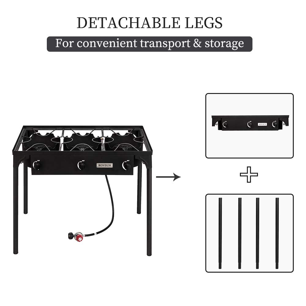 Bonnlo 3 Burner Outdoor Portable Propane Stove Gas Cooker, Heavy Duty Iron Cast Patio Burner with Detachable Stand Legs for Camp Cooking (3-Burner 225,000-BTU)