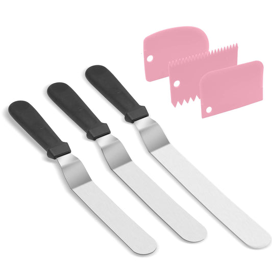 Offset Spatula Set with 3 Packs Cake Scrapers Smoother, Stainless Steel Angled Icing Spatula Cake Decorating Frosting Spatula Set with 6, 8, 10 inch Blades