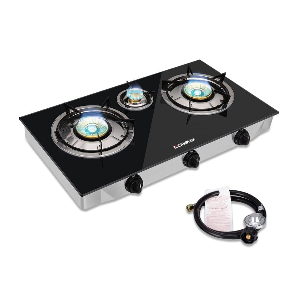 Camplux Propane Gas Stove with 21,600BTU, 3 Burners Propane Stove, Tempered Glass Camping Cooking Stove