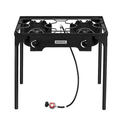 Bonnlo 2 Burner Outdoor Portable Propane Stove Gas Cooker, Heavy Duty Iron Cast Patio Burner with Detachable Stand Legs for Camp Cooking (2-Burner 150,000-BTU)