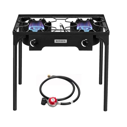 ROVSUN 2 Burner Outdoor Propane Gas Stove with Regulator, High Pressure 150,000 BTU Stand Cooker for Backyard Cooking Camping Home Brewing Canning Turkey Frying