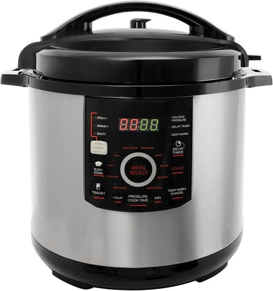 12 Quart Digital Pressure Cooker, 15 Preset Options, Glass Lid, Silver