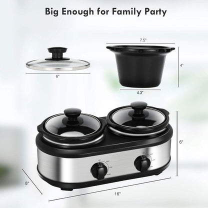 Dual Slow Cooker Buffet Server Food Warmer with 3 Adjustable Temperature Modes, Double Slow Cooker with 1.5 QT Ceramic Pot and Removeable Glass Lid, Dishwasher Safe, Stainless Steel