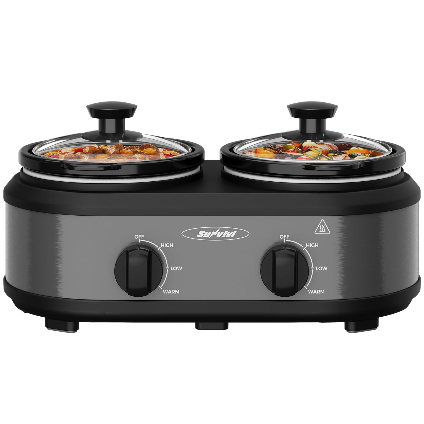 Sunvivi Dual Slow Cooker, Buffet Server & Warmer with 2 Removable Ceramic Pots, 3 Adjustable Temp Settings & 2 Visible Glass Lids, Stainless Steel, 2.5 QT Grey