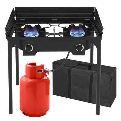 Bonnlo 2-Burner Outdoor Portable Propane Burner Stove 150,000-BTU Gas Cooker with Windscreen & Carrying Bag, Heavy Duty Iron Cast Patio Burner with Detachable Stand Legs for Camp Cooking