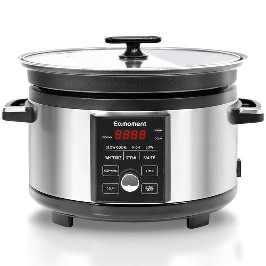 Eamoment 5.5QT Programmable Slow Cooker With Timer,Non Stick Aluminum Alloy Liner.SLOW COOK HIGH/SLOW COOK LOW/WHITE RICE/STEAM/SAUTE/WARM/DELAY,and Other Practical Functions