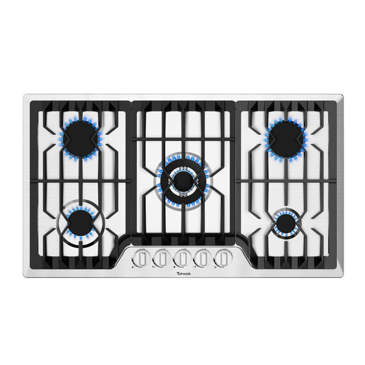 TOPWISH 36" Built-in Gas Cooktop, 5 ITALY SABAF Sealed Burners Gas Rangetop 41,800BTU, NG/LPG Convertible, Stainless Steel Burner Gas Stovetop with Thermocouple Protection,120V AC. (36 inch)