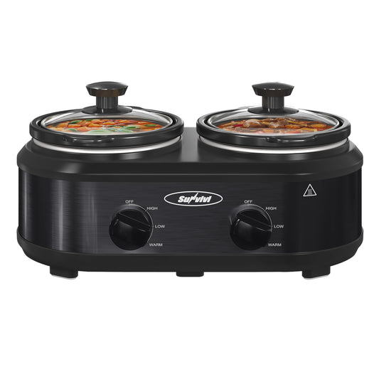 Sunvivi Double Slow Cooker,2 Pot Small Mini Crock Buffet Servers and Warmer,Dual Pot Oval Manual Slow Cooker with Adjustable Temp Removable Ceramic Pot,Stainless Steel, Total 2.5 Quarts Black