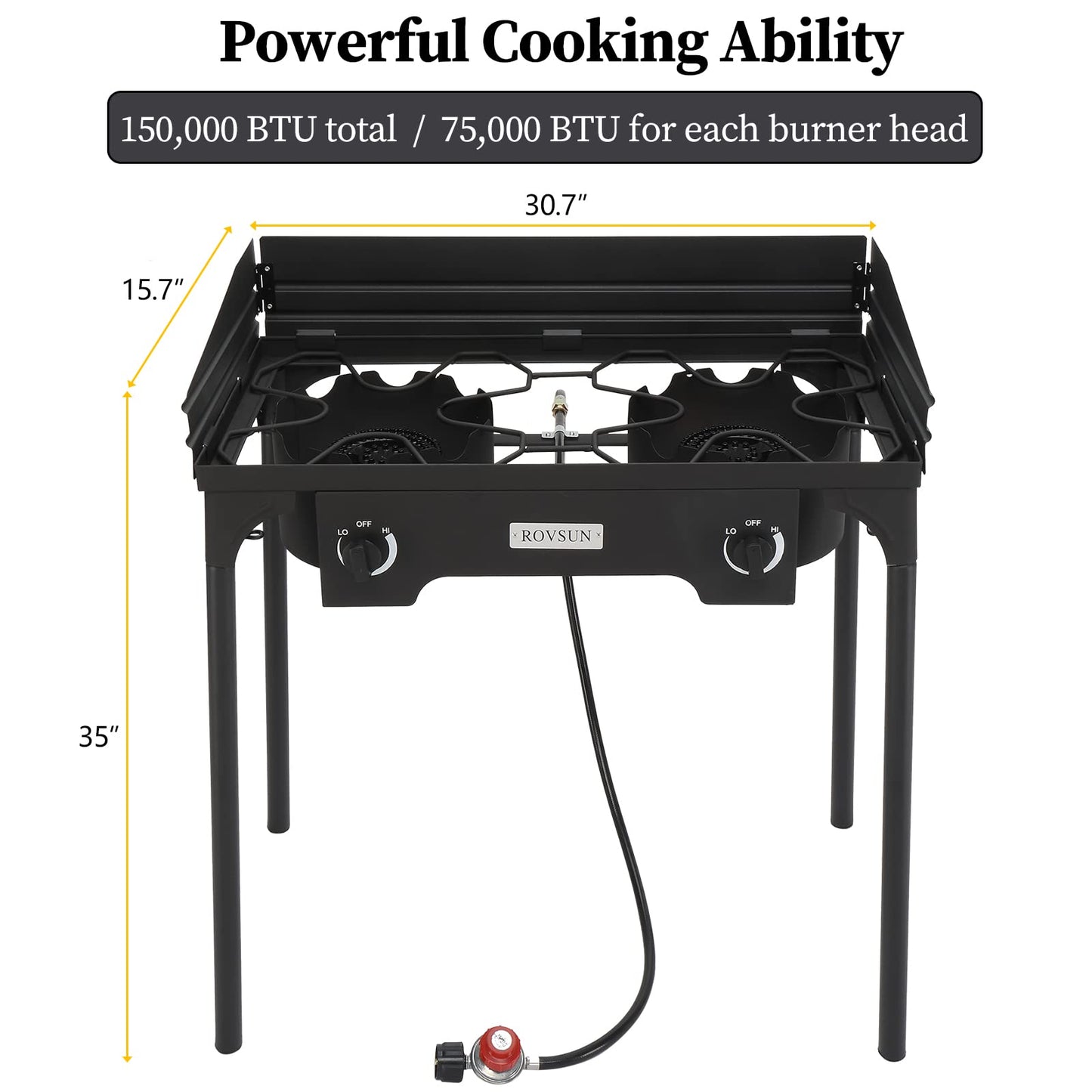 Bonnlo 2-Burner Outdoor Portable Propane Burner Stove 150,000-BTU Gas Cooker with Windscreen & Carrying Bag, Heavy Duty Iron Cast Patio Burner with Detachable Stand Legs for Camp Cooking