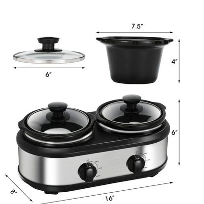 Double Slow Cooker, 2 X 1.25QT Mini Individual Pots with Adjustable Temp, Dishwasher Safe, Portable Buffet Server and Warmer, Safe Ceramic Pots & Glass Lid, Stainless Steel