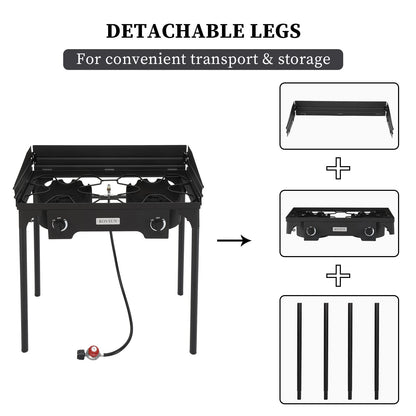 Bonnlo 2-Burner Outdoor Portable Propane Burner Stove 150,000-BTU Gas Cooker with Windscreen & Carrying Bag, Heavy Duty Iron Cast Patio Burner with Detachable Stand Legs for Camp Cooking