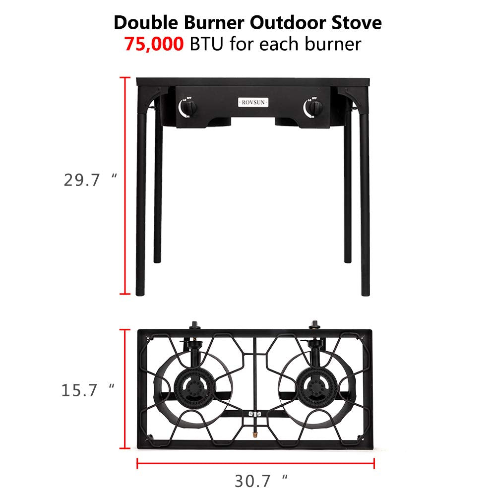 Bonnlo 2 Burner Outdoor Portable Propane Stove Gas Cooker, Heavy Duty Iron Cast Patio Burner with Detachable Stand Legs for Camp Cooking (2-Burner 150,000-BTU)