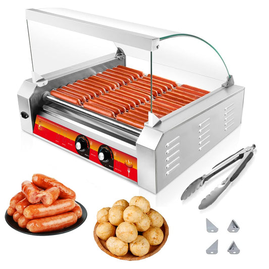 1670W Hot Dog Rollers,30 Hot Dog Capacity 11 Non-stick Stainless Steel Rollers,Hot Dog Roller for Grill with Detachable Glass Cover,Hot Dog Roller Machine