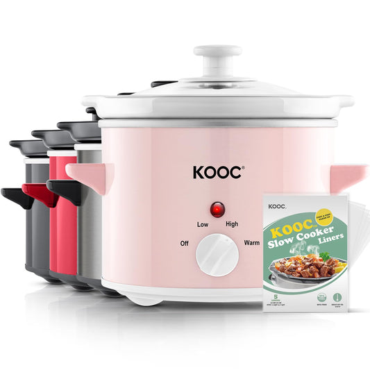 KOOC Small Slow Cooker, 2-Quart, Free Liners Included for Easy Clean-up, Upgraded Ceramic pot, Adjustable Temp, Nutrient Loss Reduction, Stainless Steel, Pink, Round