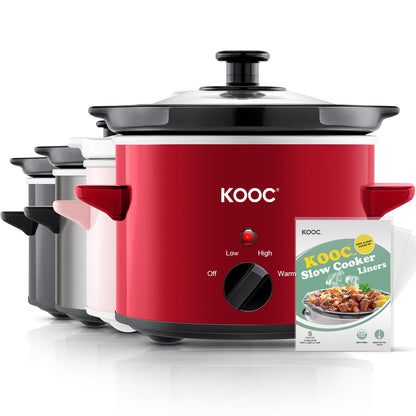 KOOC Small Slow Cooker, 2 Quart, Free Liners Included for Easy Clean-up, Upgraded Ceramic Pot, Adjustable Temp, Nutrient Loss Reduction, Stainless Steel, Red, Round