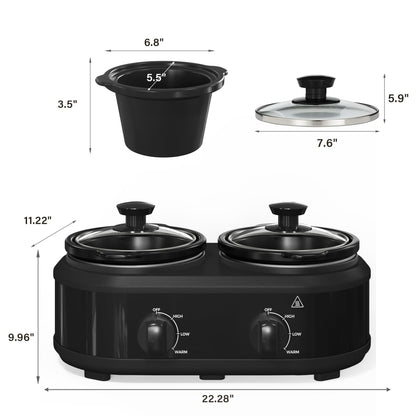 Double Slow Cooker, 2 x 1.25 QT Portable Small Dual Crock Cooker, Buffet Servers and Warmers Dishwasher Safe, Removable Ceramic Pot Glass Lid, Stainless Steel Black