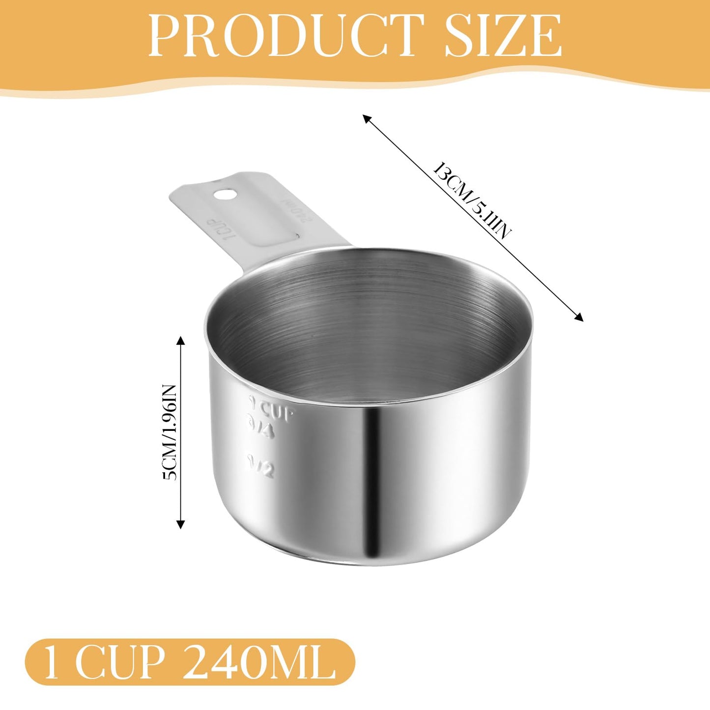 1 Cup 240 ml | 240 cc | 8 oz Stainless Steel Measuring Cup Rice Measuring Cup Metal Measuring Cup Kitchen Gadgets for Cooking Single Cup for Wet and Dry Ingredients for use as 1 Cup Dog Food Scoop