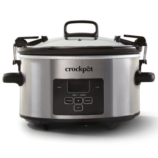 Crock-Pot 4 Quart Travel Proof Cook and Carry Programmable Slow Cooker with Locking Lid, Convenient Handles, and Digital Display, Stainless Steel