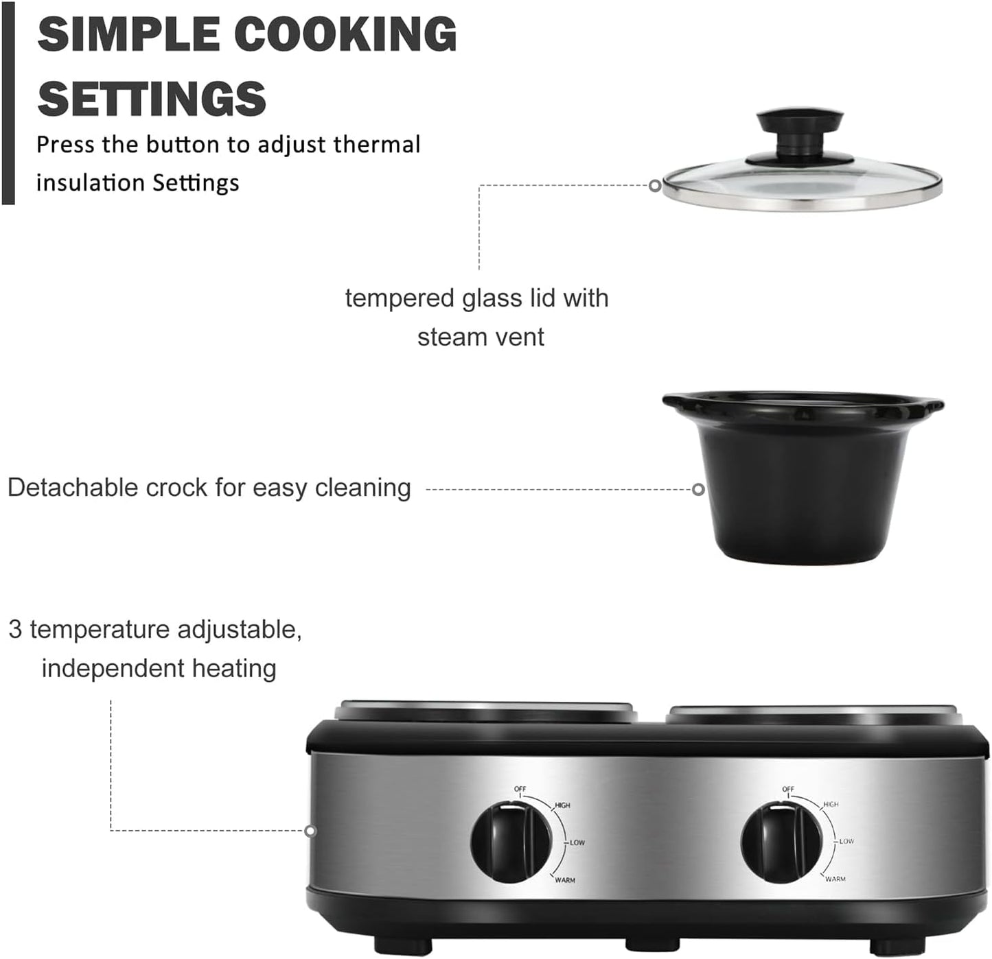 Dual Slow Cooker Buffet Server Food Warmer with 3 Adjustable Temperature Modes, Double Slow Cooker with 1.5 QT Ceramic Pot and Removeable Glass Lid, Dishwasher Safe, Stainless Steel