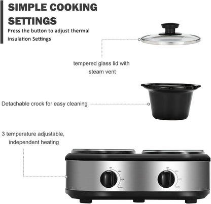 Dual Slow Cooker Buffet Server Food Warmer with 3 Adjustable Temperature Modes, Double Slow Cooker with 1.5 QT Ceramic Pot and Removeable Glass Lid, Dishwasher Safe, Stainless Steel