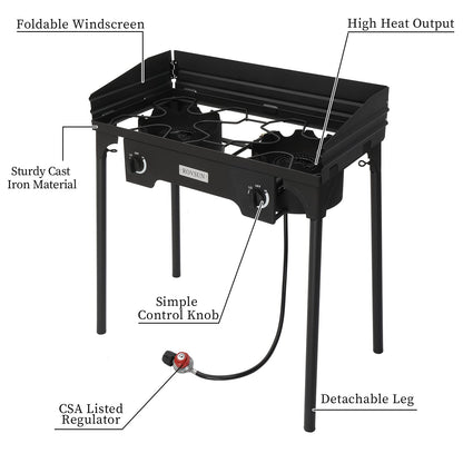 Bonnlo 2-Burner Outdoor Portable Propane Burner Stove 150,000-BTU Gas Cooker with Windscreen & Carrying Bag, Heavy Duty Iron Cast Patio Burner with Detachable Stand Legs for Camp Cooking