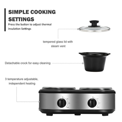 Double Slow Cooker, 2 X 1.25QT Mini Individual Pots with Adjustable Temp, Dishwasher Safe, Portable Buffet Server and Warmer, Safe Ceramic Pots & Glass Lid, Stainless Steel