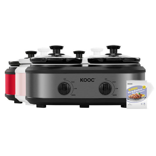 KOOC Double Small Slow Cooker, Buffet Server and Warmer, 2 Mini Pots with 3 Individual Adjustable Temp, Dual Ceramic Pots, Free Liners for Easy Clean-up, Stainless Steel, Total 2.5 Quart, Grey, Round