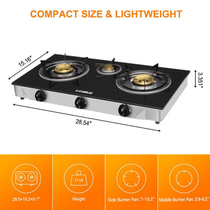 Camplux Propane Gas Stove with 21,600BTU, 3 Burners Propane Stove, Tempered Glass Camping Cooking Stove