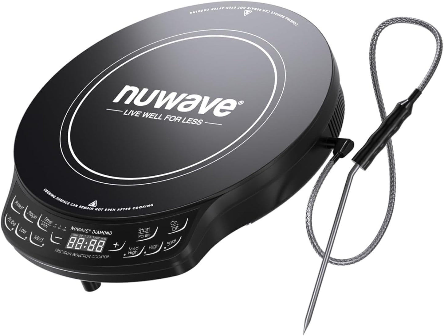 Nuwave Diamond Induction Cooktop, New & Improved Electric Burner with Probe, 91 Temps 50°F to 500°F, 6.5” Heating Coil, Shatter-Proof Ceramic Glass, 3 Wattage Settings, Ideal for Dorms, RVs & Apts