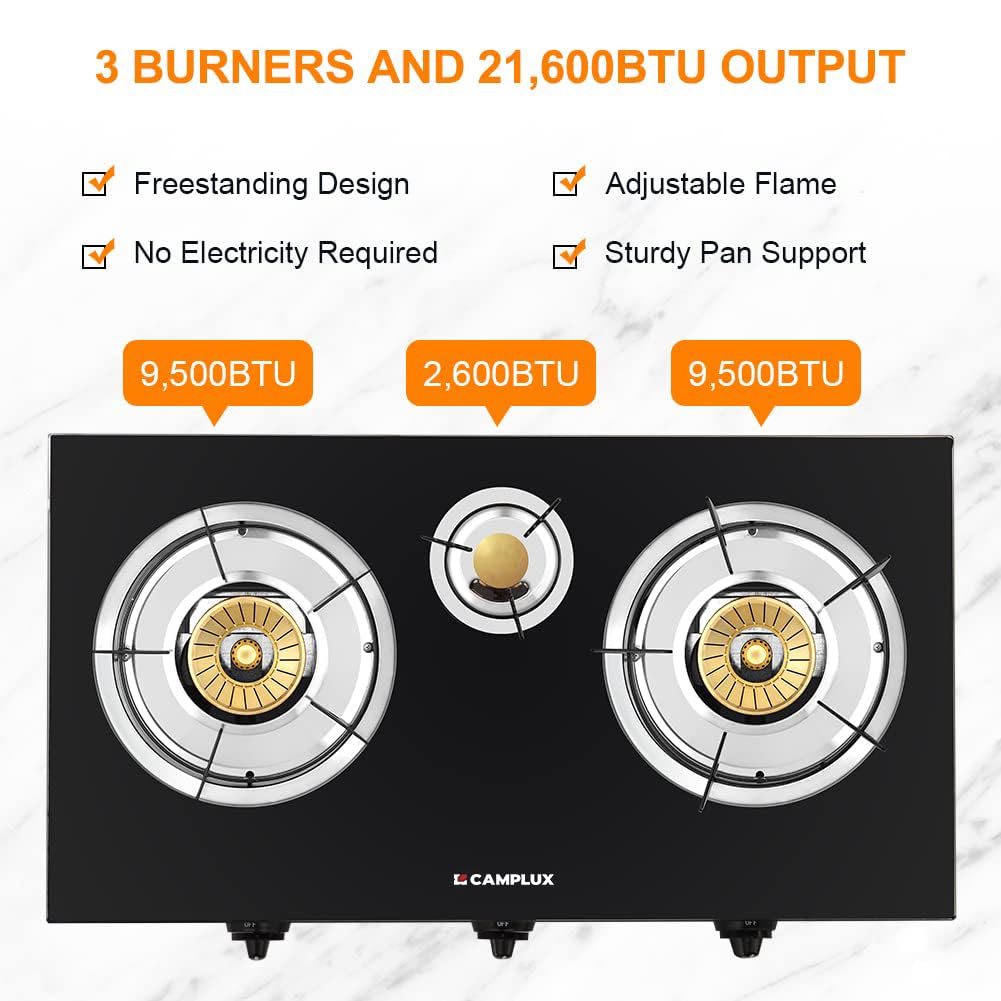 Camplux Propane Gas Stove with 21,600BTU, 3 Burners Propane Stove, Tempered Glass Camping Cooking Stove