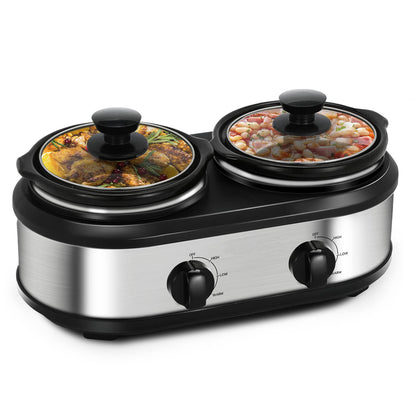 Double Slow Cooker, 2 X 1.25QT Mini Individual Pots with Adjustable Temp, Dishwasher Safe, Portable Buffet Server and Warmer, Safe Ceramic Pots & Glass Lid, Stainless Steel