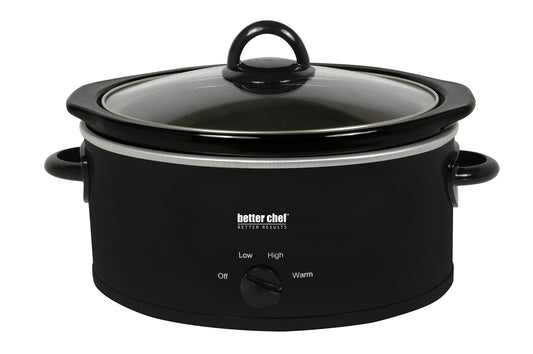 Better Chef Oval Slow Cooker | 3-Quart | 3-Tempature Settings | Side Handles | Glass Lid | Enamel Stoneware Insert (Black)