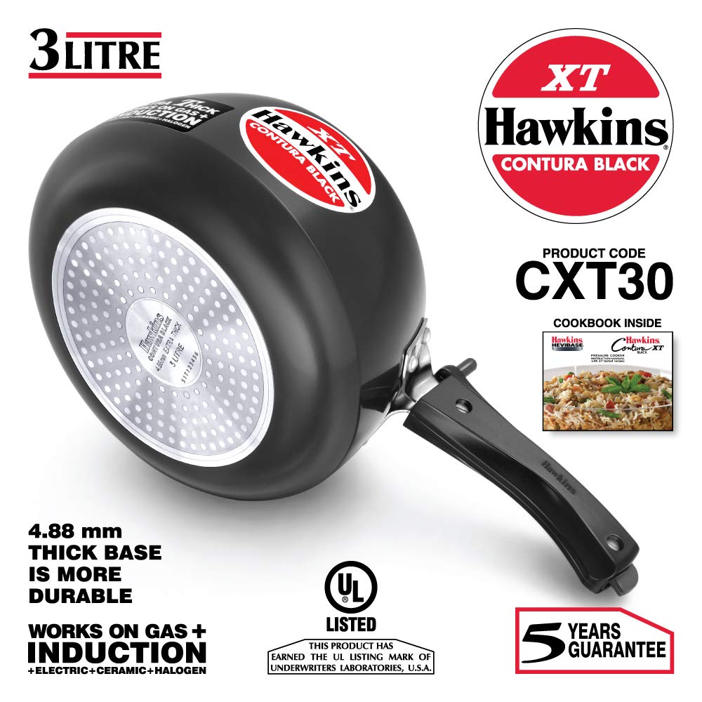 Hawkins CXT30 Contura Hard Anodized Induction Compatible Extra Thick Base Pressure Cooker, Black, 3L, 3 L