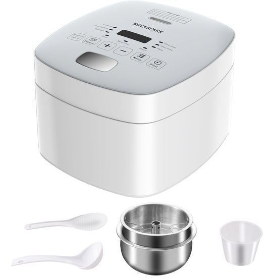 Novaspark Low Carb Rice Cooker Stainless Steel Inner Pot, Low Sugar Rice Cooker Small 5 Cup, LED Display Rice Robot, 24-Hr Timer and Auto Keep Warm, White Rice/Porridge/Oatmeal/Soup/Steam, White