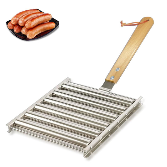 14 Inch Long Hot Dog Roller BBQ Hot Dog Evenly Cook Sausage Roller Rack Stainless Steel Corn Grill with Detachable Wooden Handle for Outdoor Cooking and Barbecue (Medium)