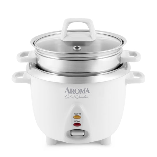 Aroma Housewares 6-Cup (Cooked yield ) / 1.2Qt. Select Stainless Pot-Style Rice Cooker, & Food Steamer, One-Touch Operation, White