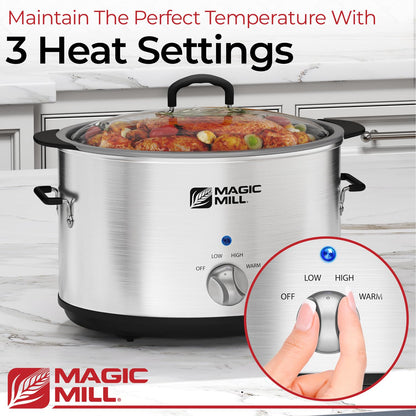 Magic Mill Slow Cooker 10 Quart | Extra Large Non-Stick Metal Searing Pot & Transparent Tempered Glass Lid Multipurpose Lightweight Slow Cookers, Pot is Safe to Put the On the Flame, Dishwasher Safe