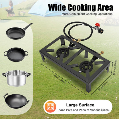 Portable Camping Stove, 2 Burner Propane Gas Stove Outdoor Cooker with Regulator Hose, BBQ Propane Burner Head for Camping, Tailgating, Hiking