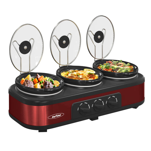 Sunvivi Triple Slow Cooker Buffet Servers and Warmer,3 Pot Food Small Mini Manual Slow Cooker with Adjustable Temp Stainless Steel Lid Rests,Removable Ceramic Pot,4.5 QT Red