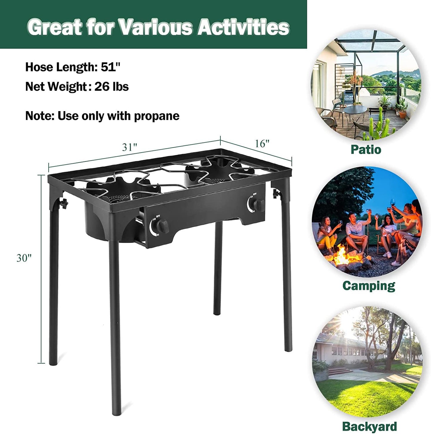 Goplus Outdoor Camping Stove, Dual Burner Propane Gas Cooker w/Detachable Legs & 0-20 PSI Regulator & CSA Approval for Camp Patio RV, Cast Iron, 150,000-BTU