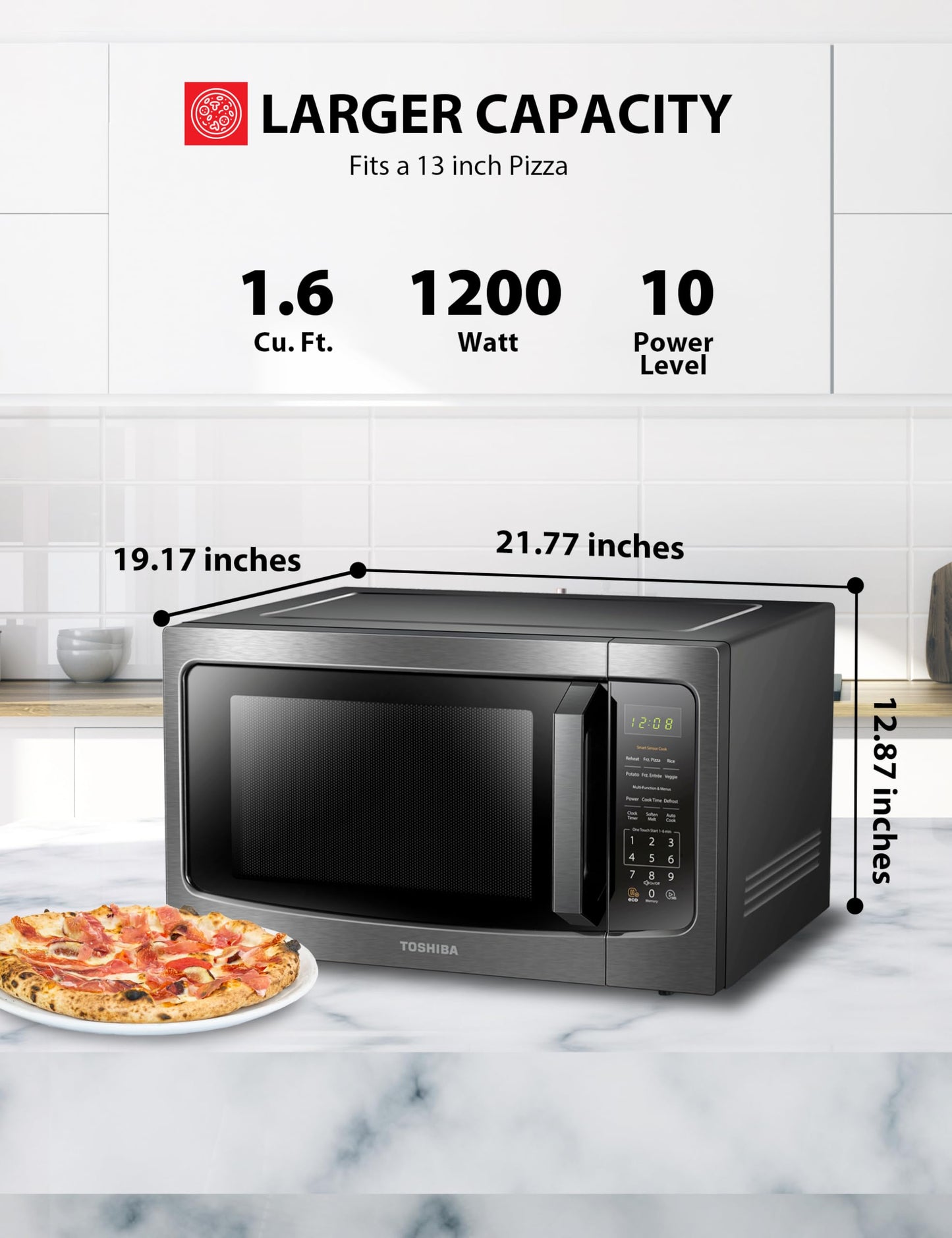 TOSHIBA ML-EM45P(BS) Countertop Microwave Oven with Smart Sensor and Position Memory Turntable, Function, 1.6 Cu.ft 13.6" Removable Black Stainless Steel, 1200W