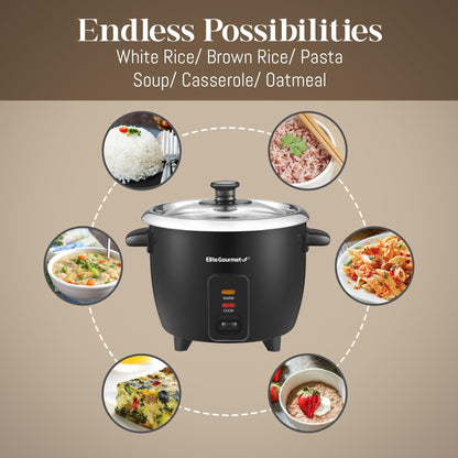 Elite Gourmet ERC006SS 6-Cup Electric Rice Cooker with 304 Surgical Grade Stainless Steel Inner Pot, Makes Soups, Stews, Porridges, Grains and Cereals, 6 cup (3 cups uncooked), Black